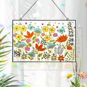 Stained Glass Window Hanging Suncatcher 12.6 Inch Colorful Wildflower Sun Catchers for Window Door Wall Art Home Decoration Christmas Hanging Ornament Gift for Women Mom Grandma Plant Lover