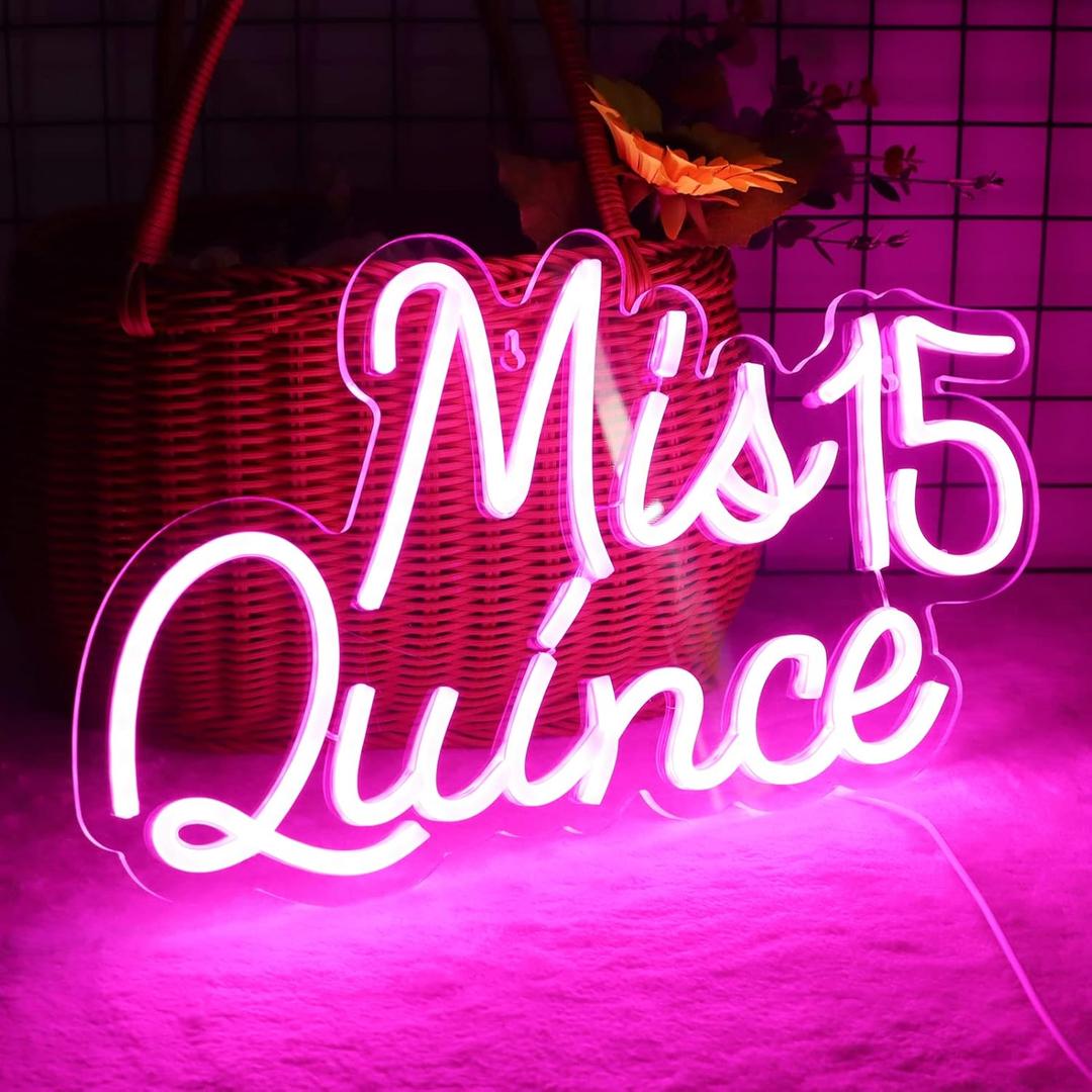 JFLLamp Mis 15 Quinceanera Neon Signs for Wall Decor Neon Lights for Bedroom Led Signs Suitable for Quinceanera Christmas Birthday Party Unique Gift for Lover, 5V Power Adapter, 16.2 * 9.7 Inch(Pink)
