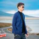 Men's Cardigan Sweater Button Front V-Neck Long Sleeve Knit Sweaters (Blue, XXXL)