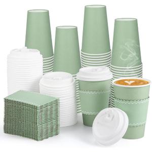 60 Pack Sage Green Coffee Cups with Lids Sleeves, 12oz Insulated To Go Paper Cups Sage Green Party Cups Disposable Easter Paper Cups, Drinking Cups for Wedding Birthday Baby Shower Party Supplies