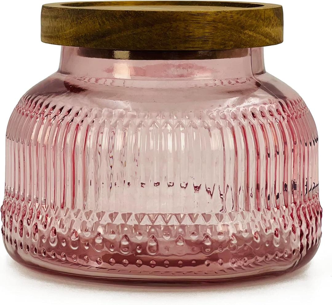 Decorative Pink Glass Jar with Airtight Wooden Lid 25.4 oz, Wide Mouth Vintage Kitchen Food Storage Container for Cookie Candy Honey Flour Spice Coffee Tea, Home Decor Sand Candle Holder Vase