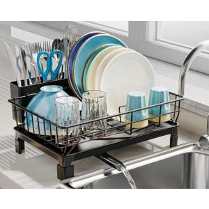GSlife Small Dish Drying Rack - Dish Racks for RV Small Kitchen Counter, Space-Saving Dish Drainer with Drainboard, Utensil Holder, Dish Holder for Sink, 15" D x 10" L, Black