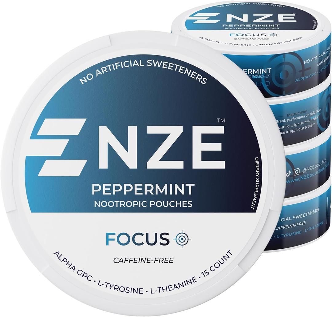 NZE Caffeine Free Nootropic Pouches (Peppermint) - Nootropic Pouches with Alpha GPC, L-Tyrosine & L-Theanine - No Sugar or Artificial Sweeteners - 15 Nicotine Free Pouches Per Can - 5 Pack