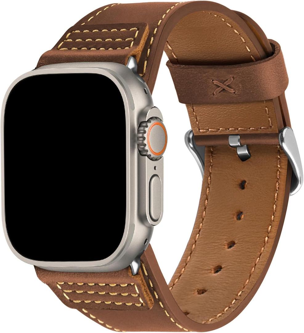 Wristitani Leather Bands Compatible with Apple Watch Strap  38/40/41/42mm or Men, Top Genuine Leather Replacement Straps for iWatch Ultra Series (Series 10) Brown/Silver Buckle)
