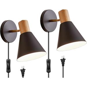 Wall Sconces Lighting Fixture Pack of 2, Wooden Adjustable Bedside Wall lamp for Industrial Bedroom, Bathroom Sink Lighting (Plug-in Black, 2)