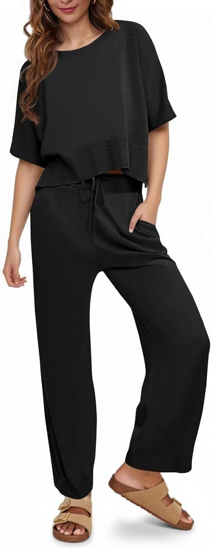 Fisoew Womens 2 Piece Outfits Sweater Sets Knit Split Crop Tops High Waisted Pants Lounge Set (Large, Black)