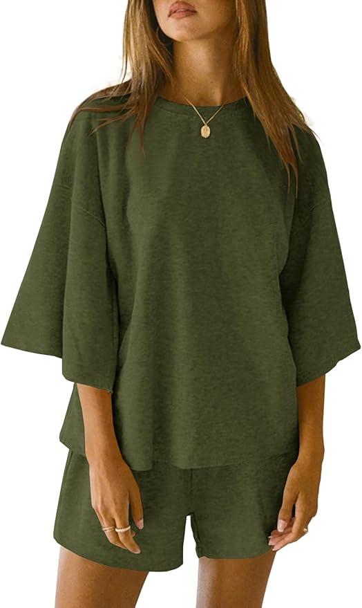 Tankaneo Womens Pajama Sets 3/4 Sleeve Oversized Tops and Elastic Waist Shorts Lounge Sets Loungewear, Size M