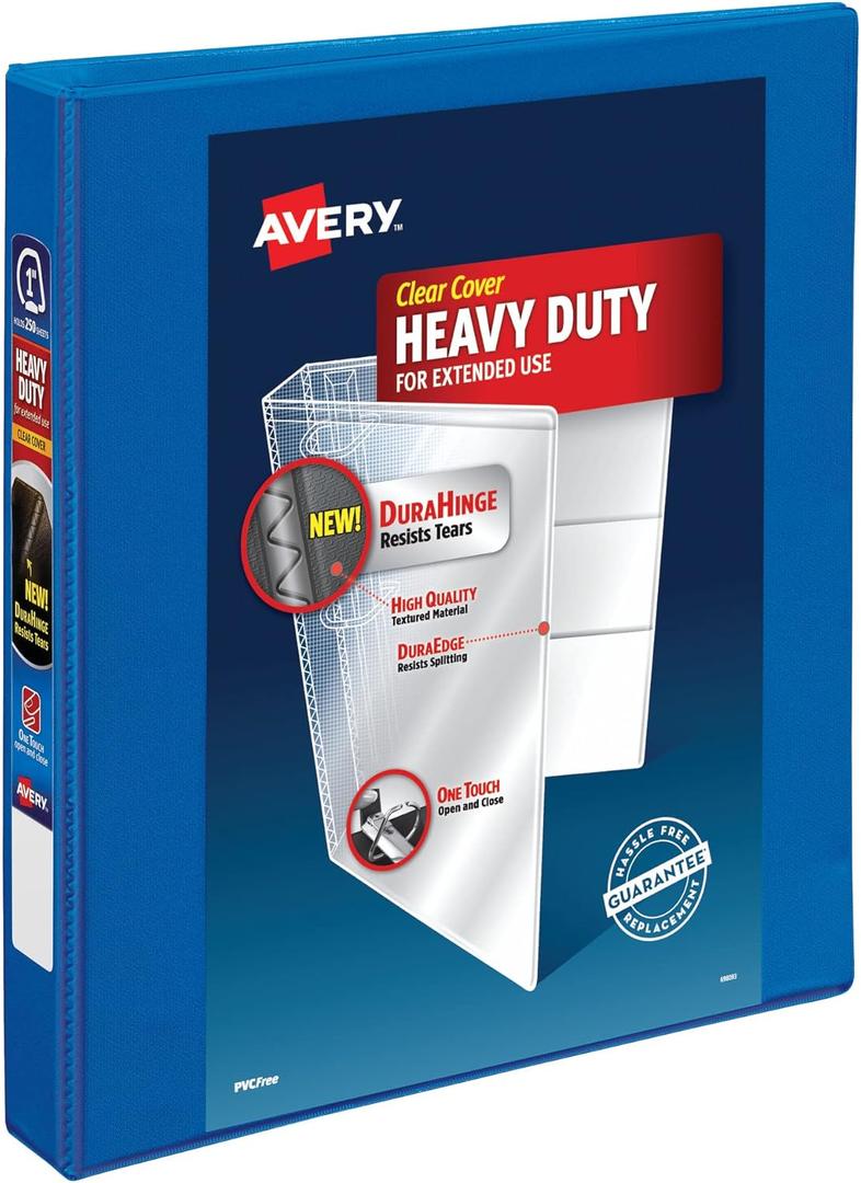 Avery Heavy Duty View 3 Ring Binder, 1" One Touch Slant Ring, Holds 8.5" x 11" Paper, 1 Pacific Blue Binder (79720)