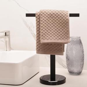 Hand Towel Stand, 16" Heavy Weighted Hand Towel Holder for Bathroom, Modern Counter Towel Holder, Standing Towel Bar Countertop(Black Stainless Steel Bar, Black Natural Marble Base)
