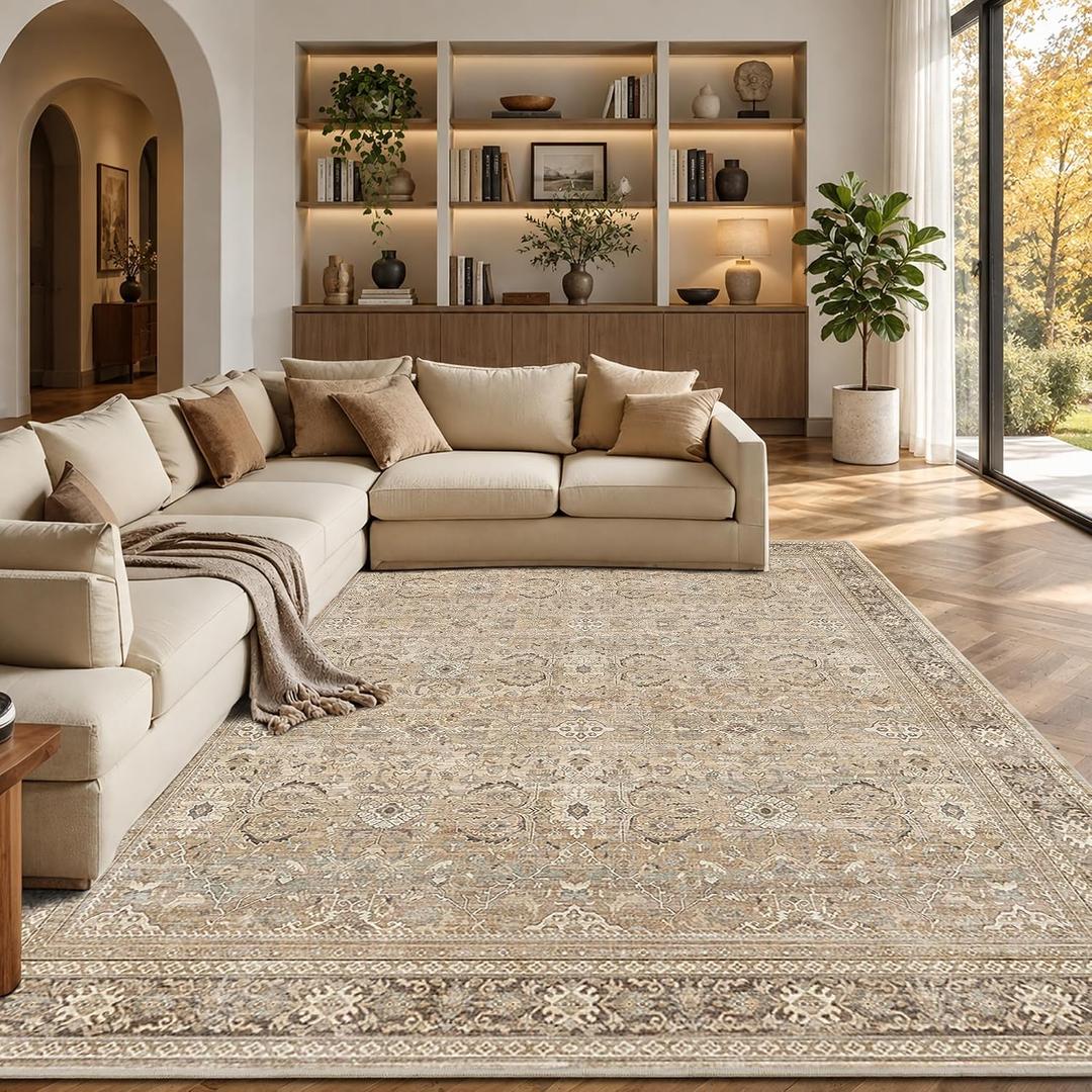 Schweek 8x10 Washable Area Rugs Khaki Vintage Carpet Non Slip for Bedroom