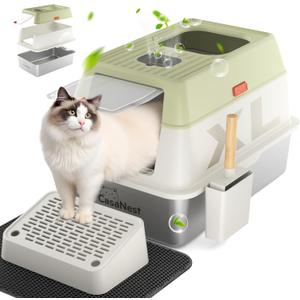 XL Extra Large Stainless Steel Cat Litter Box with Lid, 3-in-1 Enclosed/Open, Durable Metal Litter Box for Big, Multi Cats, Non-Stick, Odor Control, Easy Cleaning, Durable ABS Lid, Green