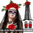 Tigeen 7 Pieces Halloween Day of the Dead Costume Accessories Set for Men and Women Skeleton Rose Couple Costume Skeleton Gloves Men's Hat Bow Tie Rose Floral Crown Veil Hair Clip