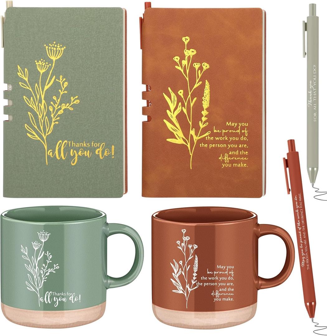 Didaey 6 Sets Employee Appreciation Gifts Set 13oz Boho Floral Ceramics Coffee Mugs with A6 Leather Notebooks Ballpoint Pens Bulk Office Thank You Gift for Coworkers Staff Team Nurse