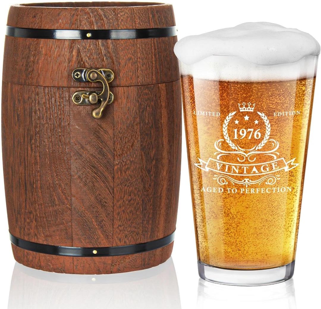 LIGHTEN LIFE 50th Birthday Gifts for Men 16oz,1976 Beer Glass in Barrel Box,50th Birthday Gift Ideas,1976 Pint Glass for 50 Years Old Dad,Husband