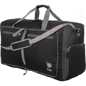 Bago Foldable Duffel Bags for Traveling Women & Men - 40L Sports Packable Duffle Bag for Travel with Shoe Compartment - Water Repellant, Heavy Duty, Lightweight Folding & Collapsible (Black)