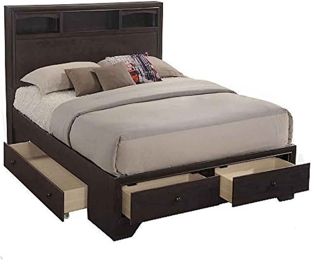 Benjara Queen Size Bed with 4 Storage Drawers, Bookcase Headboard, Walnut Brown