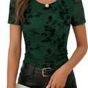 ZESICA Women's Floral Mesh Sheer Short Sleeve Tops 2026 Summer Business Casual Shirts Spring Fashion Clothes (Green, S)