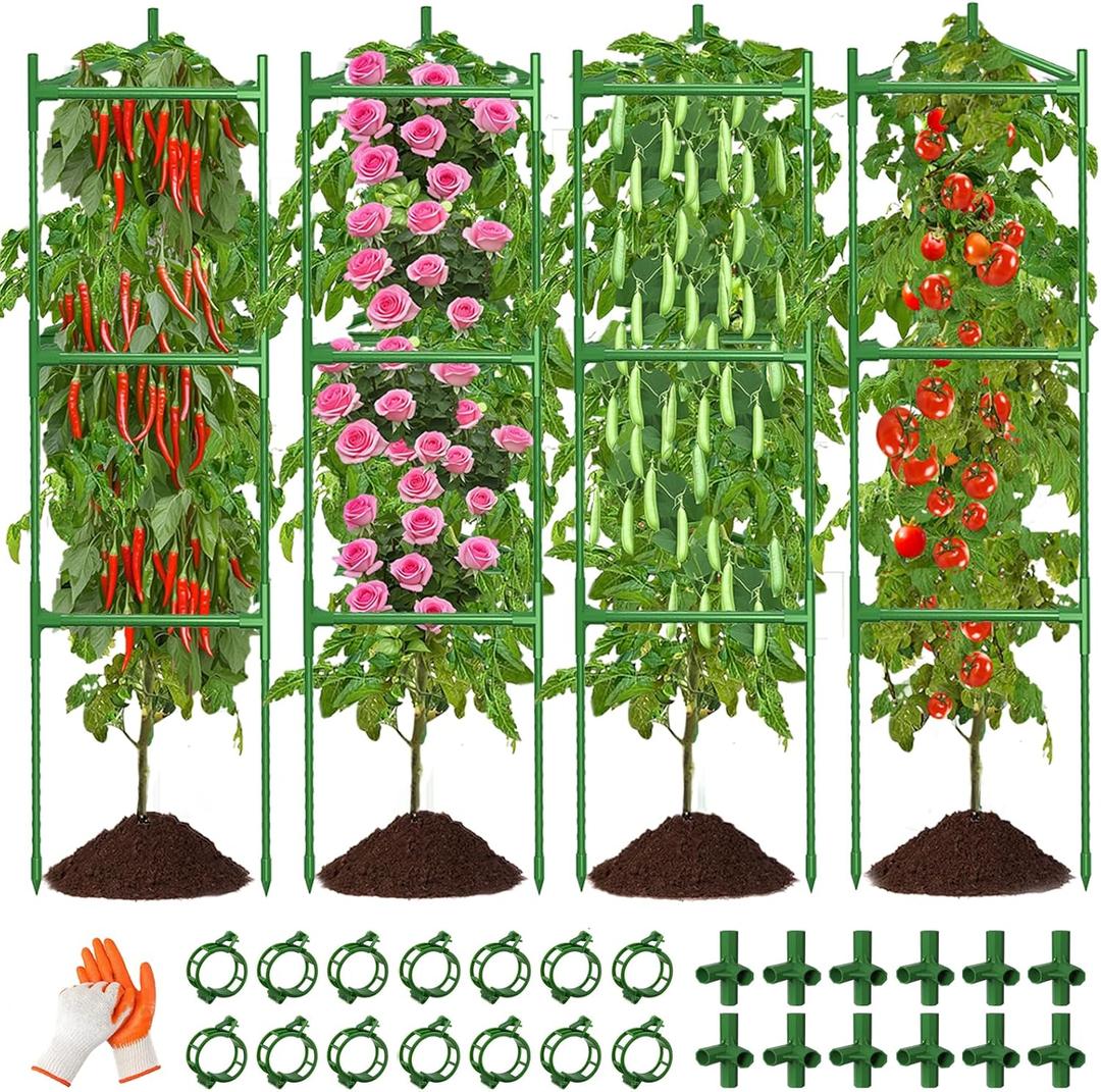 4 Pack Large Tomato Cage for Garden Up to 49" H X 16" W Metal Plant Support Stakes with Clips Triangle Pea Cages Cucumber Trellis for Vegetables Pots Vines Flowers Climbing Plants