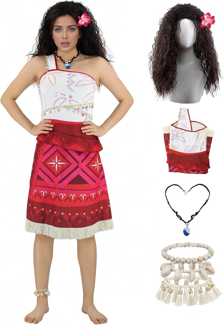 Tropical Island Princess Dress for Women Ocean Hawaiian Adventure Halloween Skirt with Wigs Necklace Dress Up Large