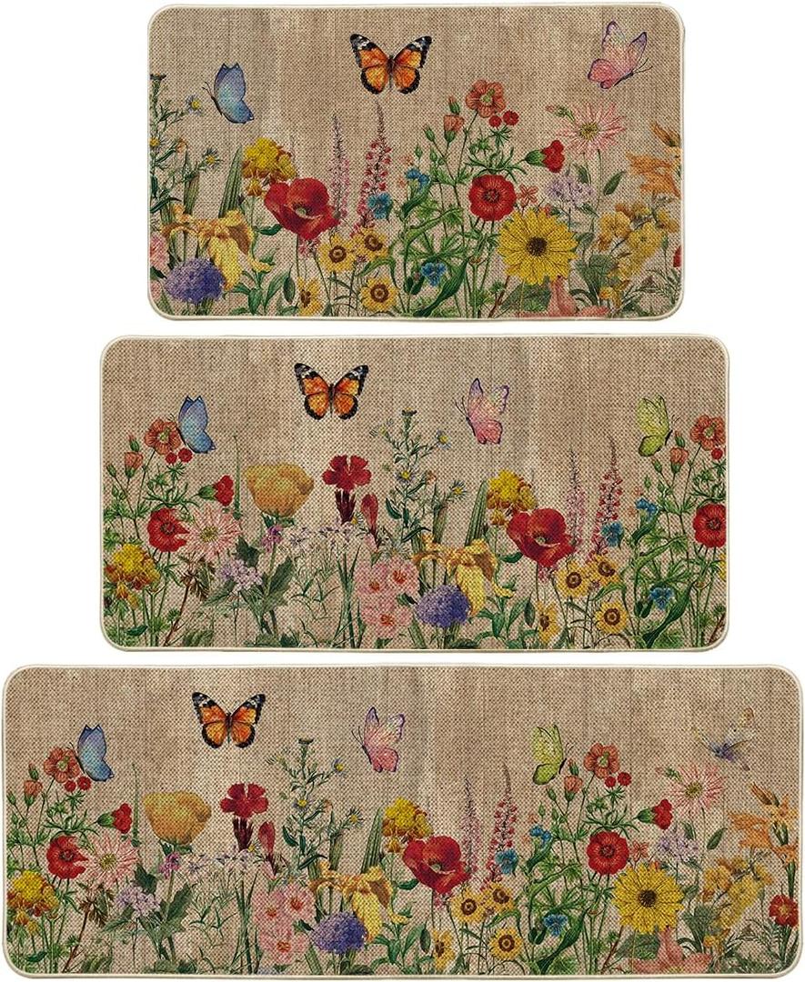 Artoid Mode Wood Flowers Butterfly Spring Kitchen Mats Set of 3, Seasonal Home Decor Leaves Low-Profile Kitchen Rugs for Floor - 17"x29"+17"x36"+17"x47" (Brown)