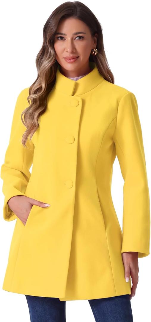 Allegra K Women's Winter Overcoat Mid-Long Stand Collar Single Breasted Coat Outerwear (Large, Yellow)