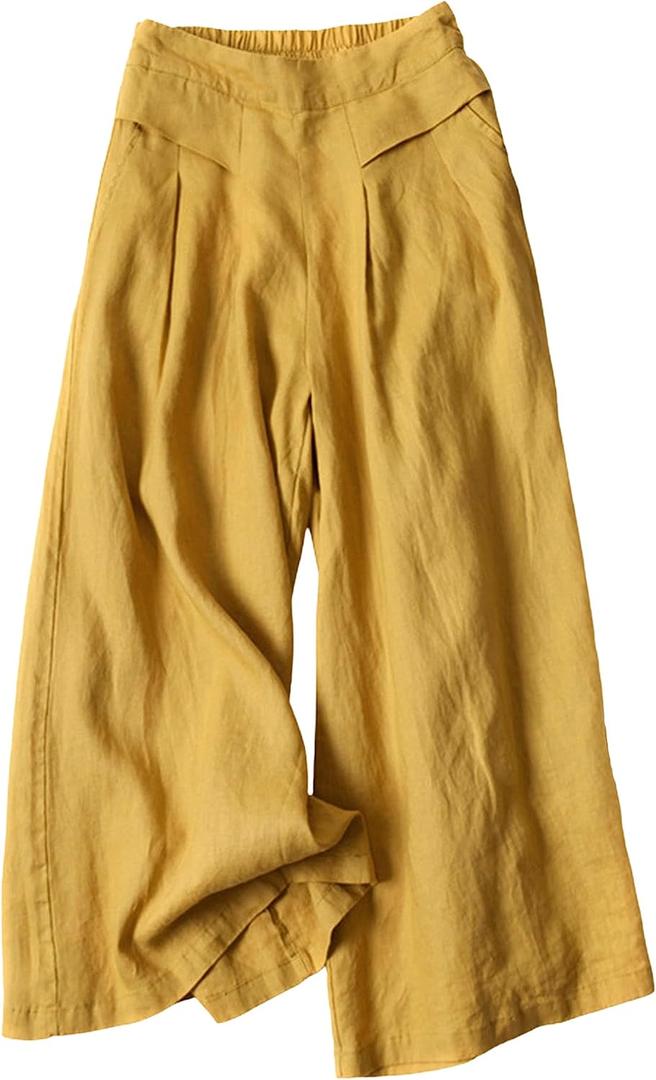 Bianstore Women's Culottes Linen Cropped Wide Leg Pants Elastic Waist Casual Palazzo Trousers with Pockets, L