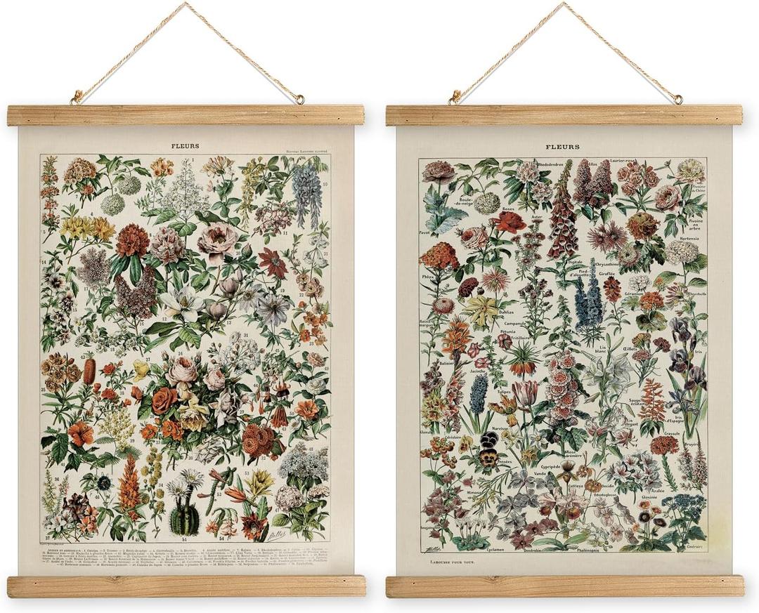 2 Pack Vintage Poster Hanger Frame, Retro Style Wall Decor Art Painting, Patterns are Printed on Linen Without Fading, Living Room Office Classroom Bedroom Playroom Apartment Decor. (Flower)