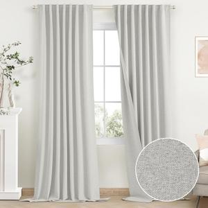 SimpleHome 100% Blackout Linen White Curtains 108 Inch Length,Farmhouse Back Tab Living Room Curtains,Textured Rod Pocket Bedroom Curtains,2 Panels,52" W x 108" L