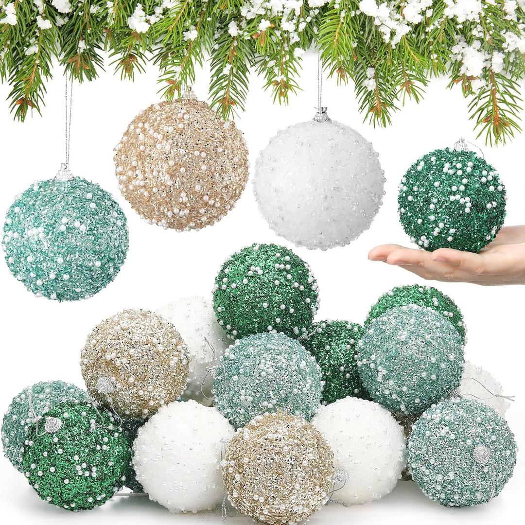 Lyrow 24 Pcs 3.15" Glitter Christmas Ball Ornament Set Christmas Ball Bulk Xmas Sequin Foam Hanging Ornament Decorative Hanging for Tree Party Holiday Decor(White, Champagne Gold, Lake Blue, Green)