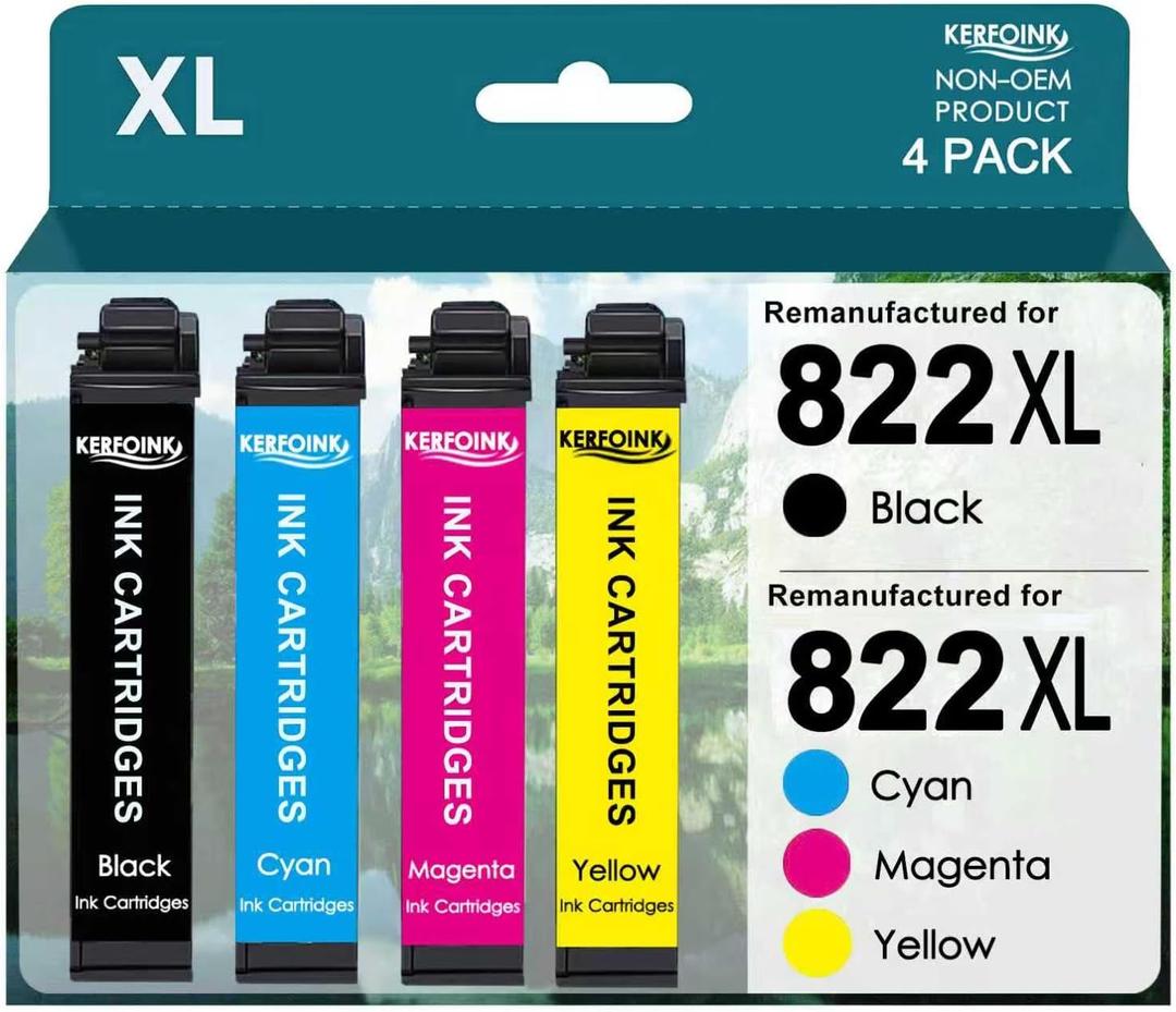KERFOINK 822XL Ink Cartridges Remanufactured for Epson 822XL Ink Cartridges 822 822 XL with Workforce Pro WF-3820 WF-3823 WF-4820 WF-4830 WF-4833 Printer (Black Cyan Magenta Yellow)