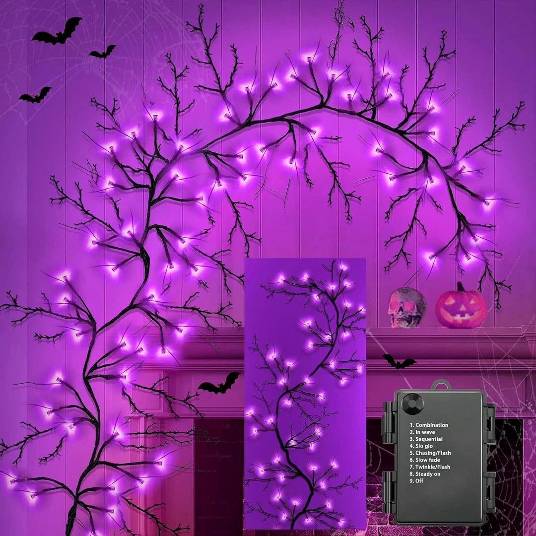 [8 Modes & Timer] 6 Ft 54LED Halloween Garland with Lights, Purple Willow Vine Twig Garland Battery Operated Indoor Outdoor Fireplace Table Wall Home Party Halloween Decorations