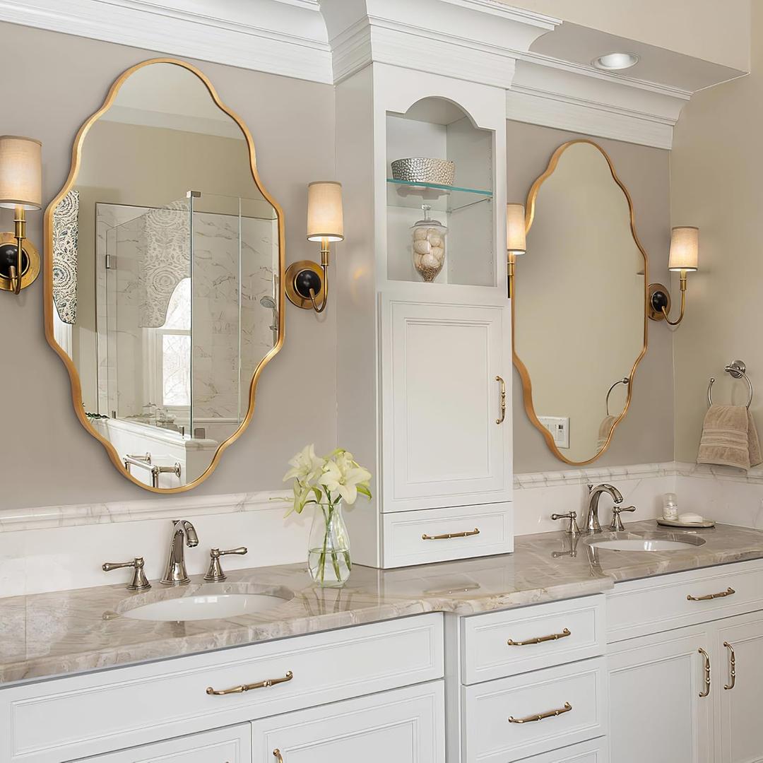 Scalloped Mirror for Bathroom - 26"x46" Gold Bathroom Mirror with Aviation Aluminum Alloy Frame & Shatter-Proof Glass for Living Room Bedroom Entryway, Brushed Gold Frame(x1)