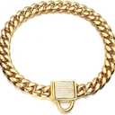Gold Dog Chain Collar 10mm Wide Cuban Link Puppy Collar 316L Stainless Steel with CZ Diamond Lock Bling Collar for Large Dogs(10mm Gold,20inch)