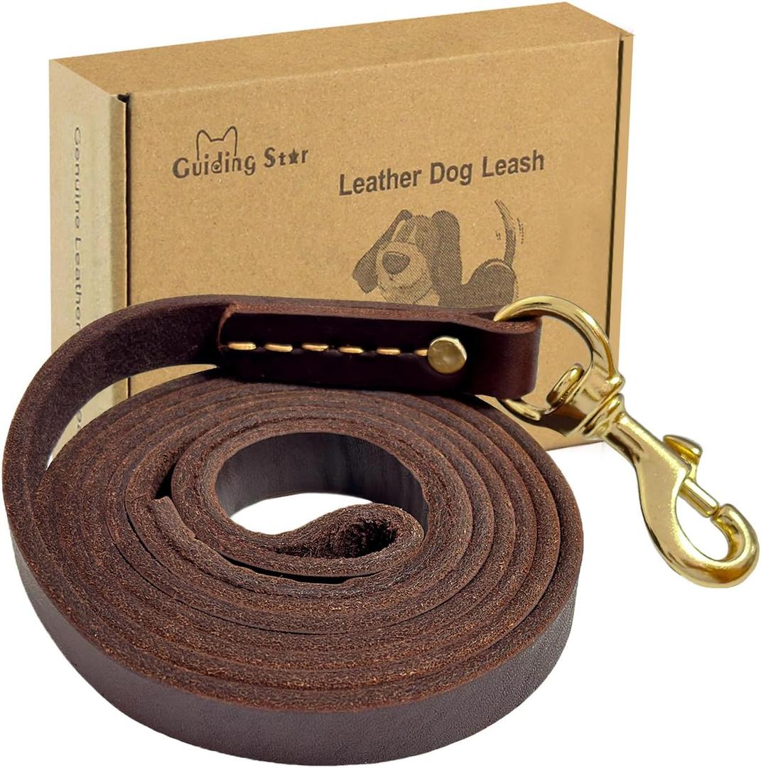 Guiding Star Leather Dog Leash 6ft, Dog Leashes for Large Dogs Heavy Duty, Soft Handmade Leather Training Leash for Small & Medium Dogs (6ftx1/2inch, Brown)