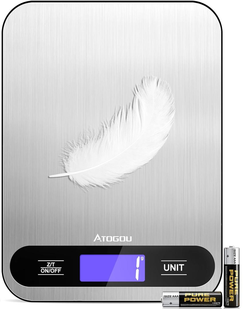 Atogou Food Scale, 33lb/ 15kg Digital Kitchen Scale with Full View LCD Display, Durable Stainless Steel Surface, for Cooking, Baking, Meal Prep Black
