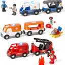 Giant bean 6pcs Magnetic Rescue Train Car Set with Sound & Light  3 in1 Police, Fire & Ambulance Emergency Vehicles, Magnetic Coupling with Action Figures Accessories, STEM Play Toy for Kids 3+