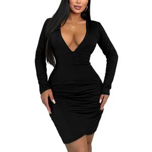 Women's Long Sleeve Bodycon Dress - Sexy Mini Club Dress, Slim Fit Knit Cocktail Party Dress V Neck (Black, XL)