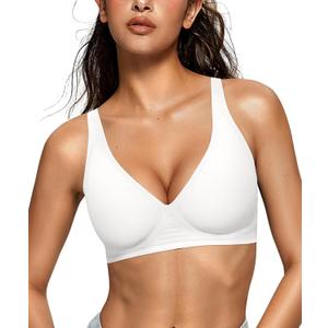 OEAK Womens Deep V Bras Wireless Comfortable Bra Supportive No Underwire Bras Tshirt Push Up Bralettes Plunge Seamless Bra (Large, White)