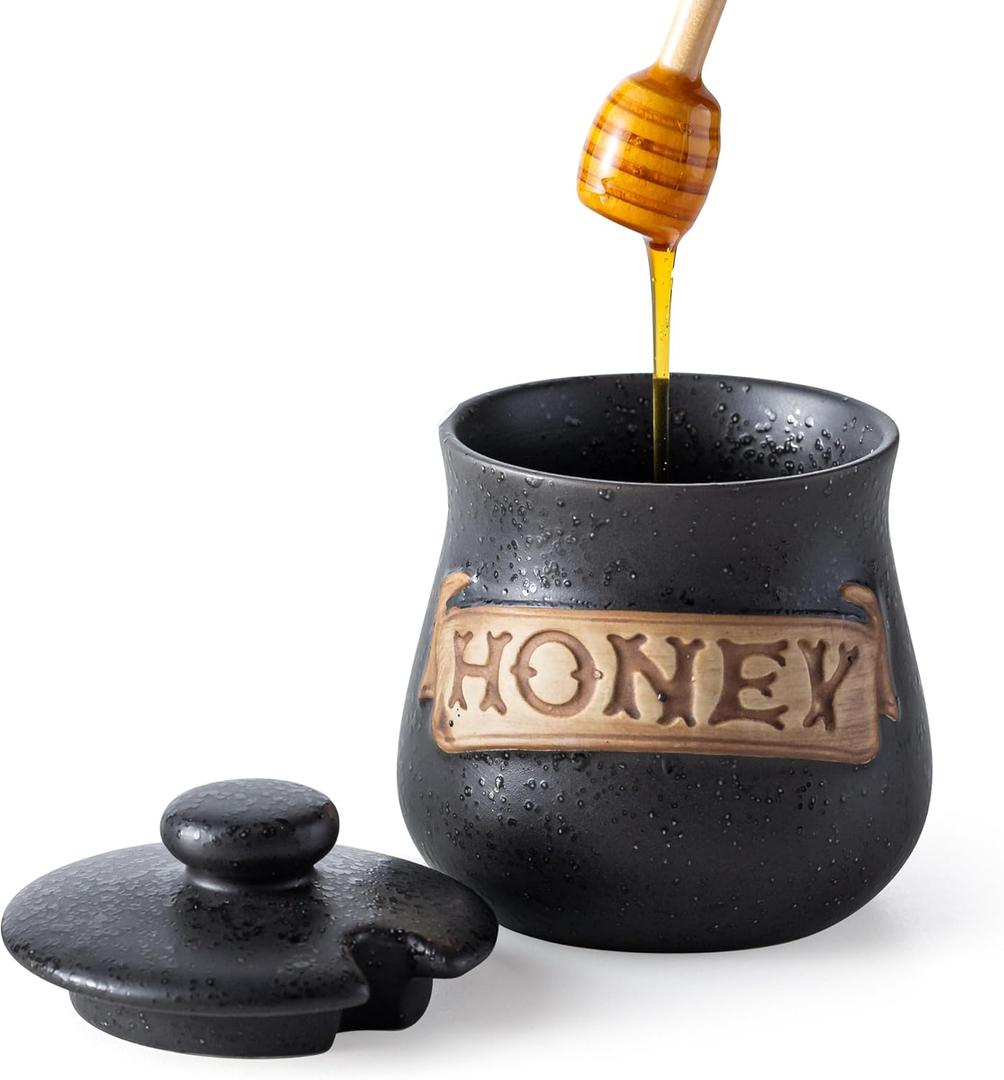 12OZ Honey Jar with Dipper and Lid, Ceramic Honey Pot Container, Large Honey Jars Dispenser – Multi-Use for Chocolate Syrup/Agave, Fits Farmhouse Kitchens & Dinner Parties Gifts, Black