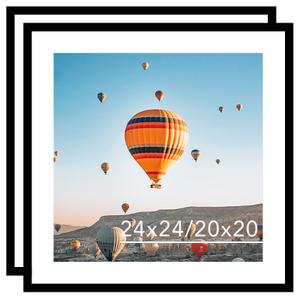 JCJMY 24x24 Picture Frame Set of 2 Black with 20x20 Mat, Display Photo 20x20 with Mat or 24 x 24 Without Mat, Wall Hanging Large 24x24 Poster Frame with Shatter Resistant Plexiglass, 2 Pack, Black