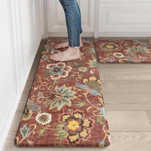 LEEVAN Anti Fatigue Red Kitchen Mat Sets of 2,Cushioned Memory Foam Kitchen Mats for Floor,Boho Non Slip Waterproof Standing Mat for Laundry,Home,Office,Desk,Sink(17''x29''+17''x47'') (Coral)