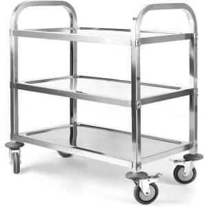 Extra Large 3 Tier Stainless Steel Cart 37.4 x 19.7 x 37.4 Inch Kitchen Trolley Cart Serving Cart Kitchen Utility Rolling Cart Service Catering Storage Cart with Locking Wheels