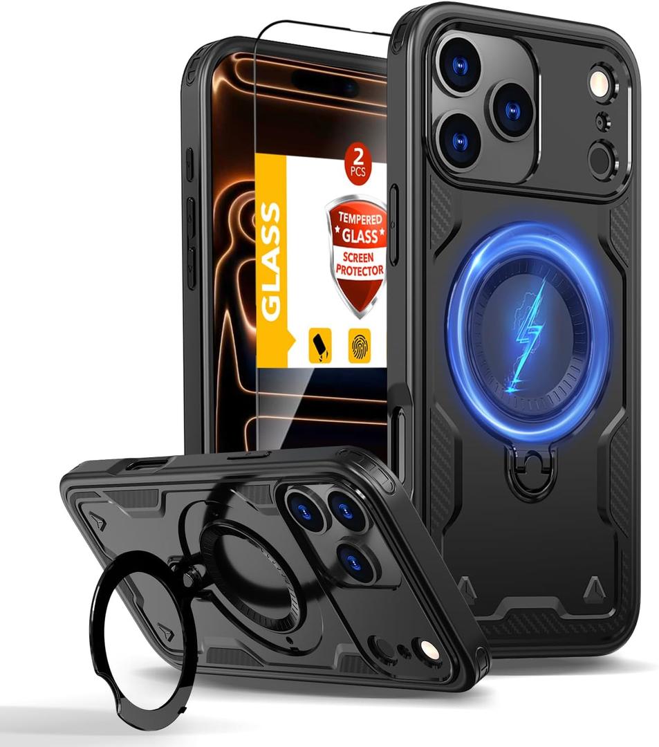 THBONRA for iPhone 17 Pro Max Case Magnetic Compatible with MagSafe, with 2 Tempered Glass Screen Projectors, Built-in Kickstand Ring, Phone Heavy Duty Protection Military Grade Shockproof Rugged Black
