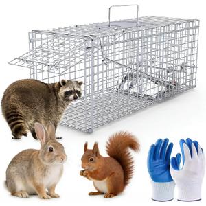 Live Animal Cage Trap, 26"x9.8"x9" Heavy Duty Folding Humane Traps Galvanized Steel Trap Cage with 1x Pair of Gloves for Raccoon, Squirrel, Stray Cats, Groundhogs, Armadillos, Opossums, Rabbits