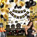 Black and Gold Birthday Decorations 204PCS Happy Birthday Supplies for Men Women with Plates,Cups,Tablecloth,Gold Foil Balloons,Banner,Photo Props,Tableware for Guest(Black Gold)