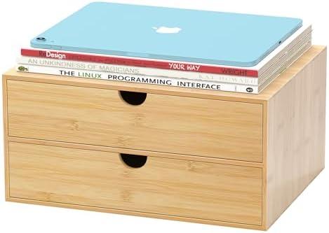Bamboo Desk Drawer Organizer, Large Desktop Organizer with Drawers Tabletop Storage Organization Box for Office Home Toiletries Supplies Vanity, No Assembly Required (2 Drawer)