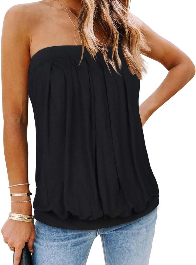 CHICGAL Women's Off The Shoulder Tops Summer Casual Bandeau Tank Casual Strapless Tube Blouse Shirts (Black, 2XL)