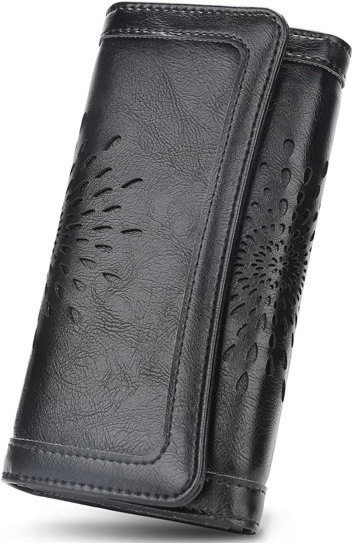 APHISON Womens Wallets RFID Blocking Leather Clutch Long Wallet for Women Card Holder Phone Organizer Ladies Travel Purse Hollow Out Sunflower Design Gift (Black)