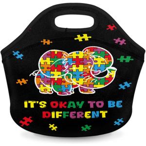 Kids Lunch Bag Neoprene Lunch Box Elephant Autism Awareness Reusable Waterproof Lunch Tote Organizer for Work Outdoor Travel Camp Picnic
