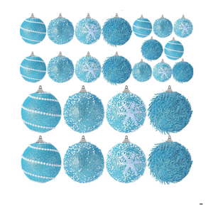 VioraWhite 24 Pcs Glitter Christmas Tree Ornaments, Assorted Sizes Sequin Snowflake Shatterproof Christmas Ball Hanging Ornament Set for Xmas Holiday Party New Year Home Decorations(Light Blue)